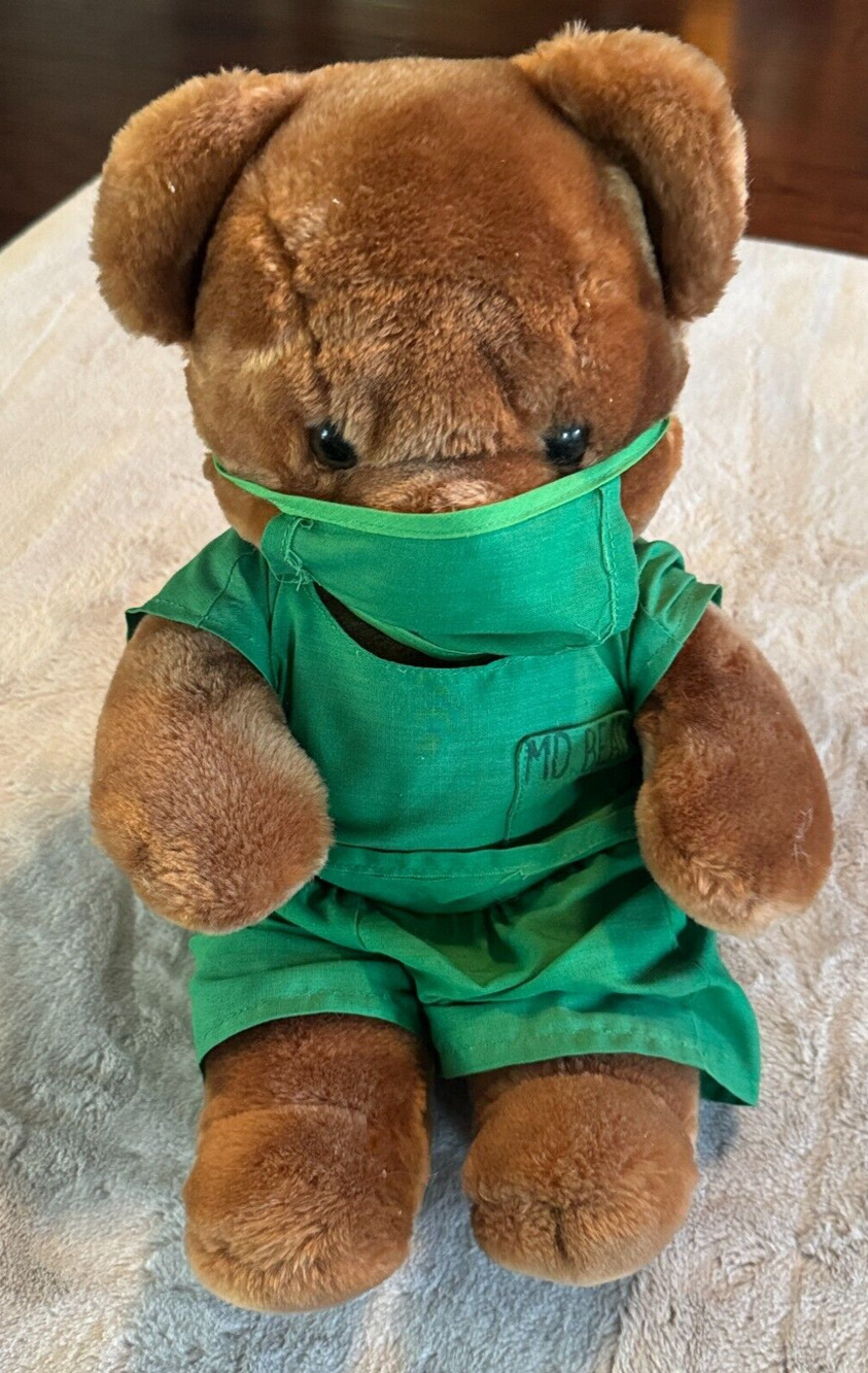 Vintage Dr Teddy MD Plush Bear green Medical Scrubs With Mask Walmart 16" tall
